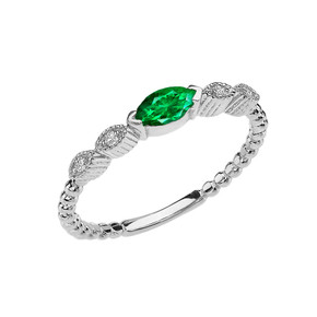 Emerald(LCE) and Diamond Marquise Cut Engagement/Proposal Beaded Ring in White Gold