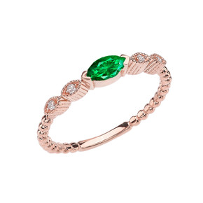 Emerald(LCE) and Diamond Marquise Cut Engagement/Proposal Beaded Ring in Rose Gold