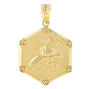 Yellow Gold  Firefighter Hexagon Diamond Pendant Necklace