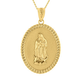 Solid Gold Cuban Link Framed  Virgen de Guadalupe Oval Medallion Pendant Necklace  (1.29")