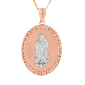 Two Tone Solid Rose Gold Cuban Link Framed Virgen de Guadalupe Oval Medallion Pendant Necklace  (1.29")