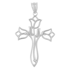 Solid White Gold Floral Tulip Cross Filigree Pendant Necklace