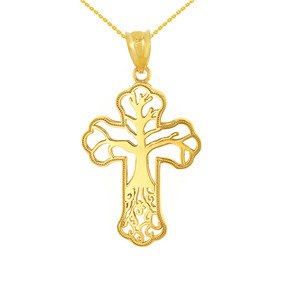 Solid Yellow Gold Tree of Life Cross Filigree Celtic Pendant Necklace