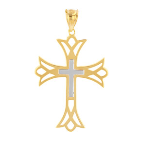 Two Tone Solid Yellow & White Gold Layered Cutout Cross Pendant Necklace  (1.82")