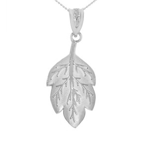 Solid White Gold Matte Detailed Textured Leaf Pendant Necklace