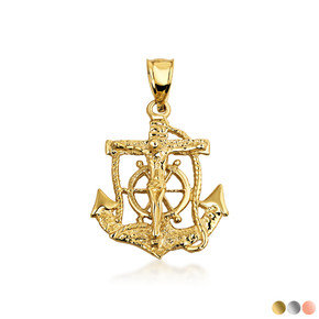 Gold Mariners Anchor Crucifix Pendant Necklace (Available In Yellow/Rose/White Gold)