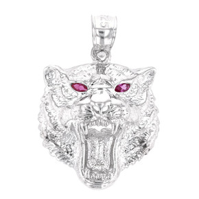 White Gold Roaring Bengal Tiger With Red CZ Eyes Pendant Necklace