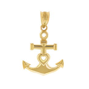 Solid Gold Nautical Heart Ship Anchor Pendant Necklace (Available in Yellow/Rose/White Gold)