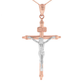 Two Tone Solid Rose Gold INRI Christ Passion Cross Crucifix Pendant Necklace 1.7" (43 mm)