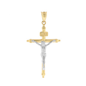 Two Tone Solid Yellow Gold INRI Christ Passion Cross Crucifix Pendant Necklace 1.4"  (36 mm)