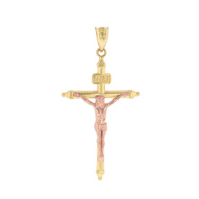 Two Tone Solid Rose  and Yellow Gold INRI Christ Passion Cross Crucifix Pendant Necklace 1.4"  (36 mm)