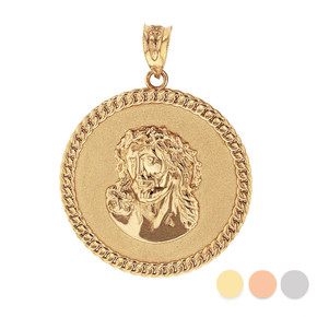 Solid Gold  Cuban Curb Link Frame Circle Jesus Christ Medallion Pendant Necklace