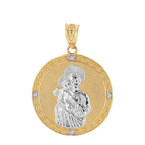 Two Tone Solid Yellow Gold Saint Joseph Diamond Medallion Pendant Necklace  1.15" ( 29 mm)