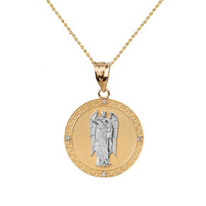 Two Tone Solid Yellow Gold Archangel Saint Gabriel Diamond Medallion Pendant Necklace   1.02"  (25 mm )