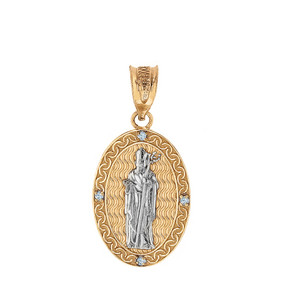 Two Tone Solid Yellow Gold Saint Patrick Diamond Oval Medallion Pendant Necklace 1.03" ( 26 mm)