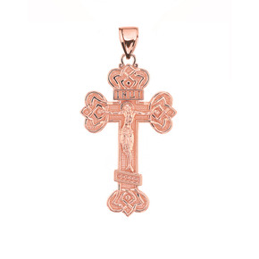 Rose Gold Budded Eastern Orthodox Crucifix Cross Pendant Necklace