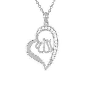 Sterling Silver Cubic Zirconia Allah Heart Pendant Necklace