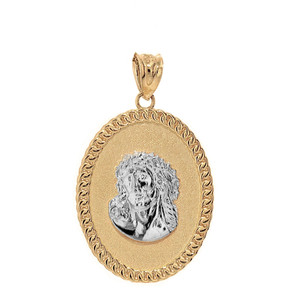 Two Tone Solid Yellow Gold Jesus Christ the Lord Cuban Curb Link Frame Oval Medallion Pendant Necklace 1.27" ( 32 mm)