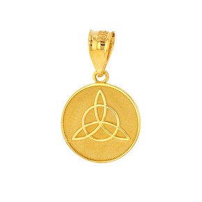 Solid Gold Triquetra Irish Celtic Disc Circle Pendant Necklace (Available in Yellow/Rose/White Gold