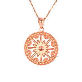 Solid Rose Gold Textured Medallion Openwork Flaming Sun Pendant Necklace