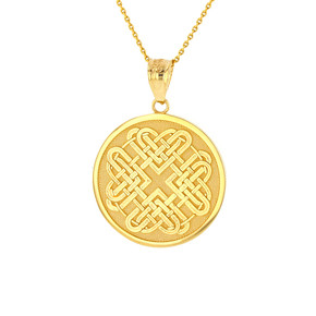 Solid Gold Celtic Quaternary Heart Knot Medallion Pendant Necklace (Available in Yellow/Rose/White Gold)