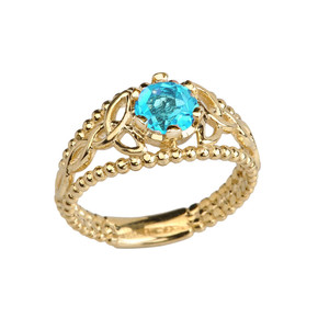 Yellow Gold Genuine Blue Topaz Beaded Celtic Trinity Knot Engagement/Promise Ring