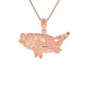 Solid Rose Gold Diamond Cut  Big Game Fishing Bass Fish Pendant Necklace