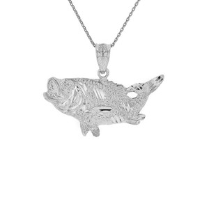 .925 Sterling Silver Diamond Cut  Big Game Fishing Bass Fish Pendant Necklace