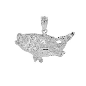 .925 Sterling Silver Diamond Cut  Big Game Fishing Bass Fish Pendant Necklace