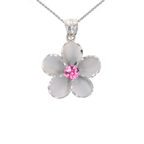 Sterling Silver Hawaiian Plumeria Pink CZ Pendant Necklace