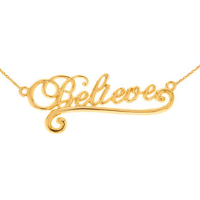 14k Solid Yellow Gold Inspirational Words Cursive Believe Pendant Necklace