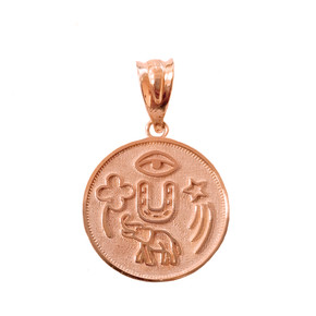 Solid Rose Gold Lucky Charms Amulet Good Luck Disc Medallion Pendant Necklace