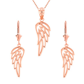 14K Solid Gold Filigree Guardian Angel Wing Pendant Earring Set(Available in Yellow/Rose/White Gold)