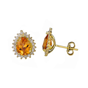 Diamond And Checkerboard Genuine Citrine Gold Elegant Studs(Available in Yellow/Rose/White Gold)