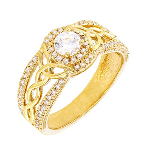 Yellow Gold Cubic Zirconia Ring with Cubic Zirconia Center Stone