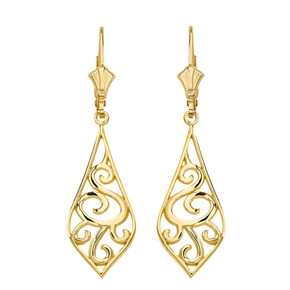 Solid Gold Teardrop Filigree Tribal  Drop Earring Set 1.67" (42 mm)(Available in Yellow/Rose/White Gold)