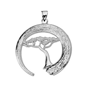 White Gold Japanese Buddhist Zen Circle with Bonsai Tree Pendant