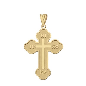 Yellow Gold Large Saint Nicholas Greek Orthodox Russian Cross Pendant Necklace