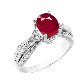 White Gold Genuine Ruby and Diamond Engagement Proposal Ring