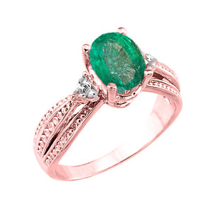 Rose Gold Genuine Emerald and Diamond Engagement Proposal Ring