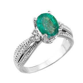 White Gold Genuine Emerald and Diamond Engagement Proposal Ring