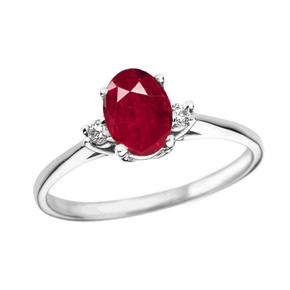 White Gold Oval Ruby and Diamond Engagement Proposal Ring