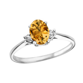 White Gold Oval Genuine Citrine and Diamond Engagement Proposal Ring