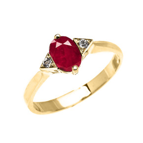 Yellow Gold Solitaire Oval Genuine Ruby and White Topaz Engagement/Promise Ring