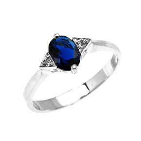 White Gold Solitaire Oval Genuine Sapphire and White Topaz Engagement/Promise Ring