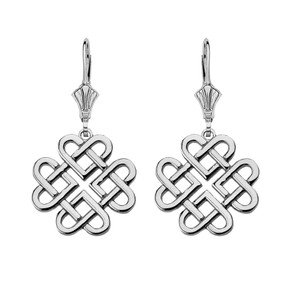 14K Solid White Gold Woven Celtic Hearts Drop Earring Set