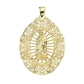 Yellow Gold Diamond Our Lady of Guadalupe Pendant Necklace