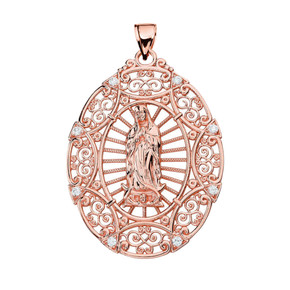 Rose Gold Diamond Our Lady of Guadalupe Pendant Necklace