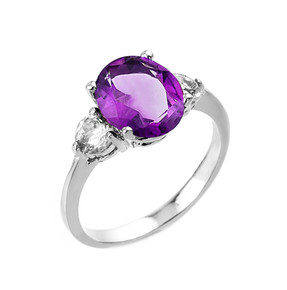 White Gold Genuine Amethyst and White Topaz Gemstone Engagement Ring