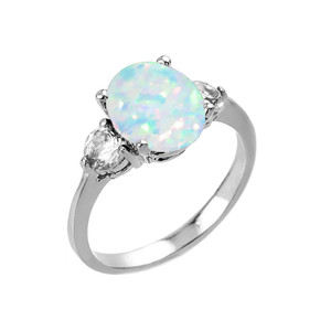 White Gold Simulated Opal (LCO) and White Topaz Gemstone Engagement Ring